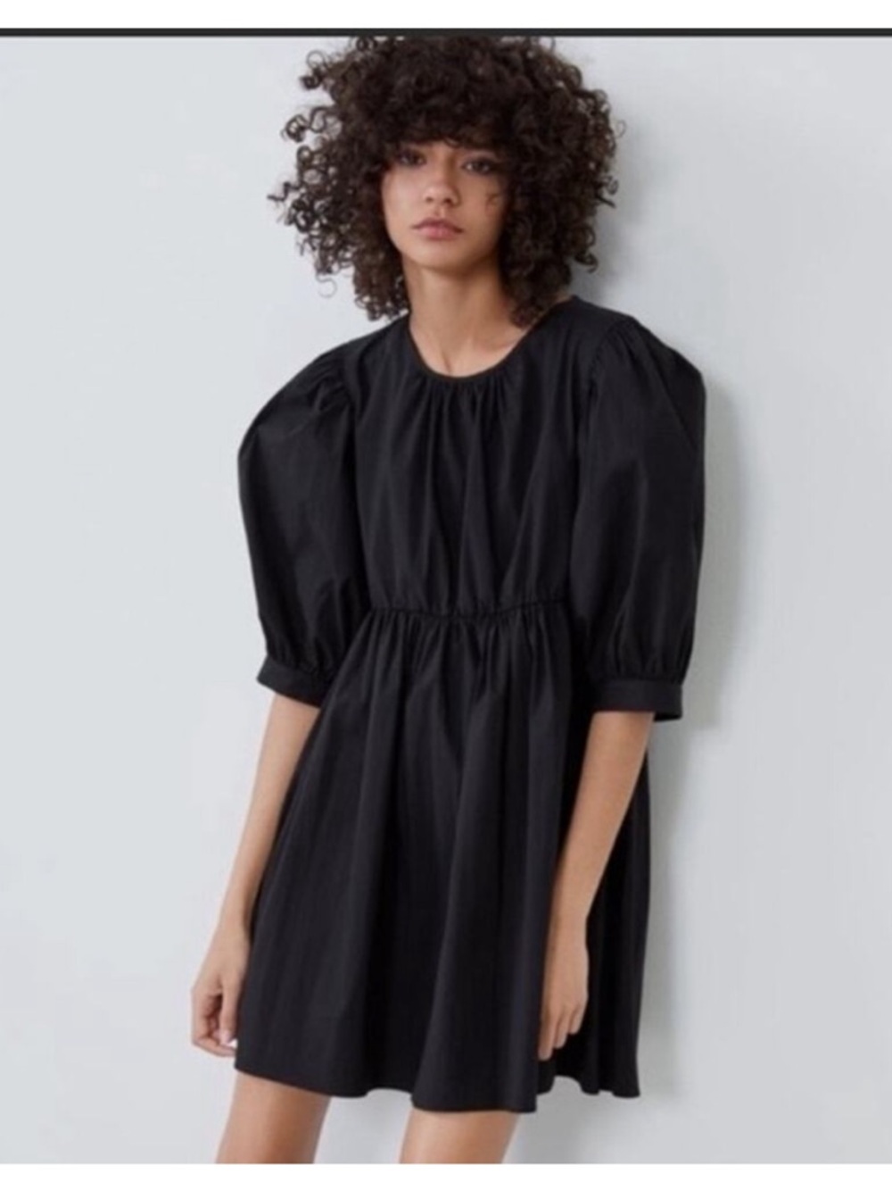 Zara Black Puff-Sleeve Smock Mini Dress